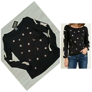 NEW Embroidered Celestial Stars Galaxy Lace-Up Top in Black sz S